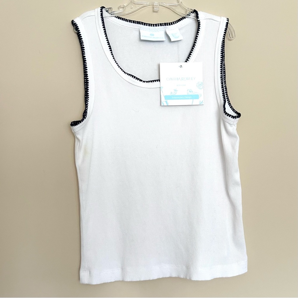 NWT Cynthia Rowley White Ribbed Sleeveless Top with Black Trim Accent